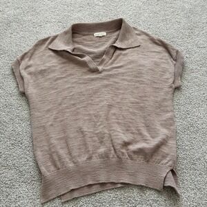 Mododoc Polo Sweater Womens S Tan Short Sleeve Relaxed Knit Academia Minimalist